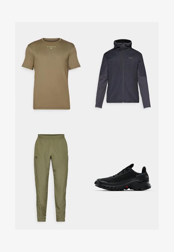 Meeste tumehall jakk, millel on tõmblukk, kõrge krae, pikad varrukad ja küljetaskud. Valmistatud sujuvast ja kerge materjalist.; Olive rohelise lühikeste varrukatega t-särk ümmarguse kaelusega ja heleda rohelise "HYROX" logoga rinnal. Sile tekstuur, sportlik lõige.; Oliivroheline spordipüksid elastse vöökohtaga, kitsenevad jalad, sile tekstuur ja väike must logo vasakul küljel.; Mustad mustes spordijalatsid tekstureeritud pealmise osaga, ümarate varvastega ja silmapaistva kummise alusega. Küljel on logo ning tallal punased detailid.