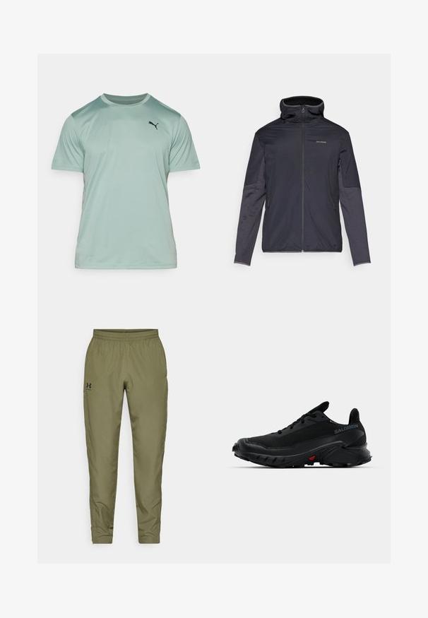 Moška jakna v temno sivi barvi, s sprednjim zadrgo, visokim ovratnikom, dolgimi rokavi in stranskimi žepi. Narejena iz gladkega, lahkega materiala.; Svetlozeleni športni majica s kratkimi rokavi, izdelana iz gladkega in zračnega materiala. Na prsih ima majhen črn logotip Puma.; Olivno zelene športne hlače z elastičnim pasom, zoženimi hlačnicami, gladko teksturo in majhnim črnim logotipom na levi strani.; Črne športne čevlje z teksturirano zgornjšo plastjo, zaobljenim nosom in izrazitim gumijastim podplatom. Imajo logo na strani in rdeče detajle na podplatu.