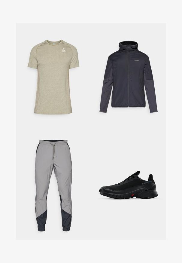 Casaco masculino em cinza escuro, com fecho de correr na frente, gola alta, mangas longas e bolsos laterais. Feito de material liso e leve.; T-shirt atlético em verde-bege, com mangas curtas, tecido texturizado, decote redondo e logótipo branco na parte superior esquerda do peito.; Calças de treino leves e cinzentas com detalhes pretos. Cintura elástica, fecho com cordão, design de perna afunilada e bolsos laterais.; Tênis esportivos pretos com um cabedal texturizado, bico arredondado e solado de borracha proeminente. Apresenta um logotipo na lateral e detalhes vermelhos na sola.