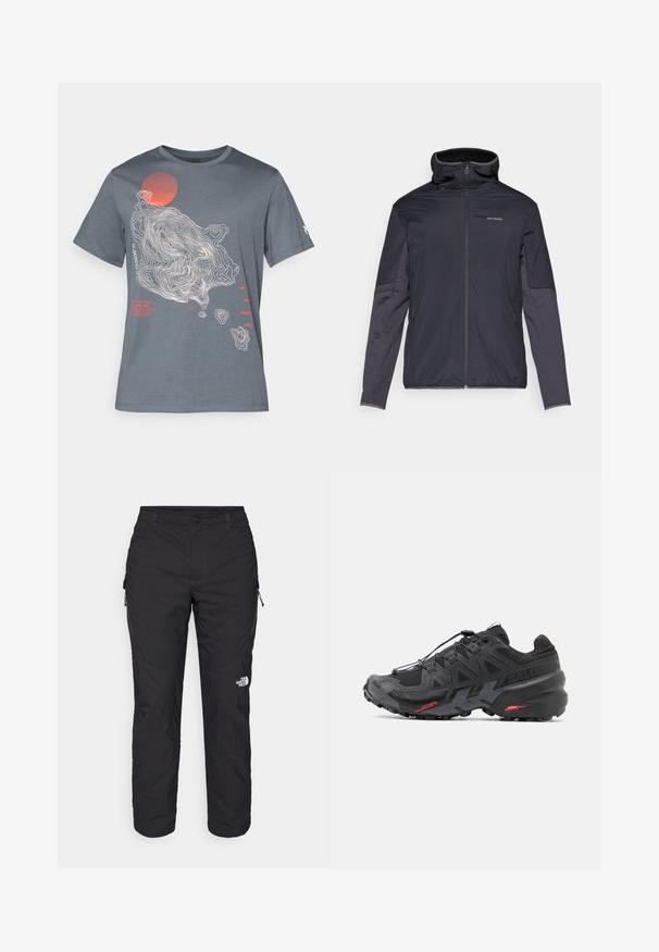 Men’s jacket in dark gray, featuring a zip front, high collar, long sleeves, and side pockets. Made from smooth, lightweight material.; Gray cotton t-shirt featuring a topographic design in white and a red circle. Text included in red and white along the left side.; The North Face WINTER EXPLORATION TAPERED CARGO - Outdoor trousers - black; Black running shoe with synthetic upper, textured design, and contrasting red accents. Features a secured lace system and rugged outsole.