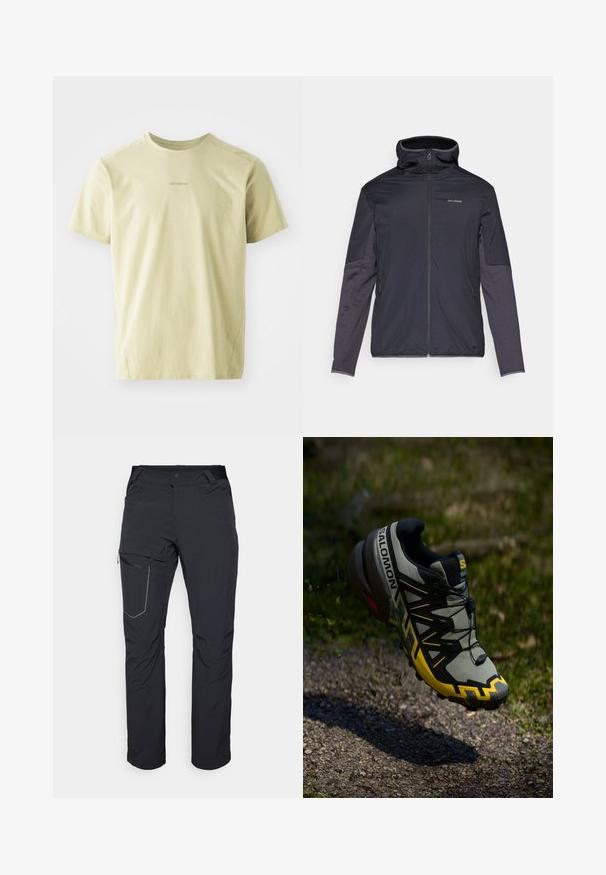Miesten tummanharmaa takki, jossa on vetoketjukiinnitys, korkea kaulus, pitkät hihat ja sivutaskut. Valmistettu sileästä, kevyestä materiaalista.; Salomon TRACKLINE TEE - Tekninen t-paita - gray green; Mustat ulkoiluhousut, joissa on vetoketjullinen reisitasku, joustava vyötärö ja sileä, vettä hylkivä kangas. Siisti muotoilu ilman näkyviä logoja.; Salomonin polkujuoksukengät hillityssä harmaassa, jossa on kirkkaankeltaisia yksityiskohtia. Varusteena on teksturoitu pohja, turvallinen nauhoitusjärjestelmä ja pehmustettu nilkka.