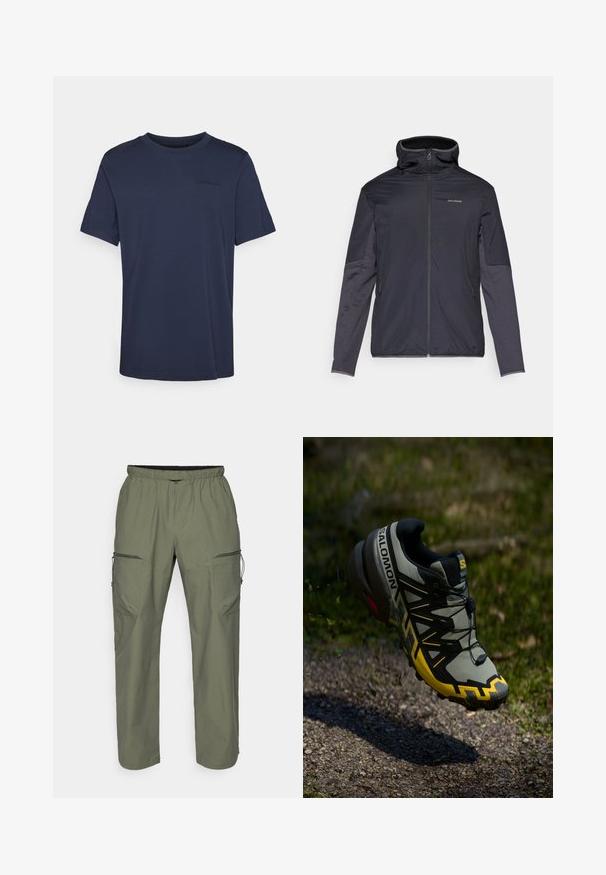 Herrenjacke in Dunkelgrau mit Reißverschluss, hohem Kragen, langen Ärmeln und Seitentaschen. Hergestellt aus glattem, leichtem Material.; Navyblaue Baumwoll-T-Shirt mit Rundhalsausschnitt und kurzen Ärmeln, mit einem dezenten geprägten Logodetail auf der Brust und einem geraden Saum.; Olivgrüne Cargo-Hosen aus leichtem Material, mit einem elastischen Bund, seitlichen Reißverschlusstaschen und einer entspannten Passform.; Salomon Trailrunning-Schuh in gedecktem Grau mit leuchtend gelben Akzenten. Verfügt über eine strukturierte Sohle, ein sicheres Schnürsystem und einen gepolsterten Kragen.