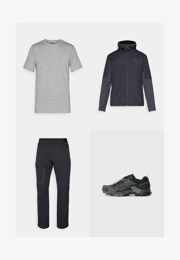 Herrejakke i mørkegrå med lynlås foran, høj krave, lange ærmer og sidelommer. Fremstillet af glat, let materiale.; Grå meleret kortærmet t-shirt med rund halsudskæring, struktureret stof og en lille logo accent på brystet. Letvægtsdesign.; Svarte udendørs bukser med en lynlåslomme på låret, elastisk talje og glat, vandafvisende stof. Rent design uden synlige logoer.; Sort trail løbesko med en holdbar mesh-overdel, forstærket tåhætte, tekstureret gummisål og elastisk snøresystem for sikker pasform.