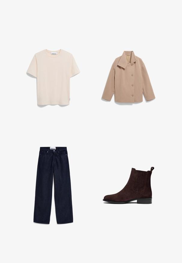 Beige Wollmischjacke mit breitem Kragen, vorderem Knopfverschluss und langen Ärmeln. Verfügt über eine kastige Silhouette und eine weiche Textur.; Brauner Kabelstrickpullover mit rundem Ausschnitt, gerippten Bündchen und Saum, ausgestattet mit einem kleinen Logo auf der Brust, aus strukturiertem Stoff gefertigt.; Helles beige T-Shirt mit kurzen Ärmeln aus weichem Stoff, runder Ausschnitt und gerader Schnitt. Etikett sichtbar an der unteren linken Seite.; Dunkelblaue Jeans im weit geschnittenen Design mit klassischem Fünf-Taschen-Stil, vervollständigt mit einem metallischen Knopf und Reißverschluss. Robuster Stoff und gerader Saum.; Braune Wildleder-Ankle-Boots mit niedrigem Blockabsatz, gerippten Akzenten an der Seite und einem Ziehschlaufenhacken an der Rückseite für ein einfaches An- und Ausziehen.