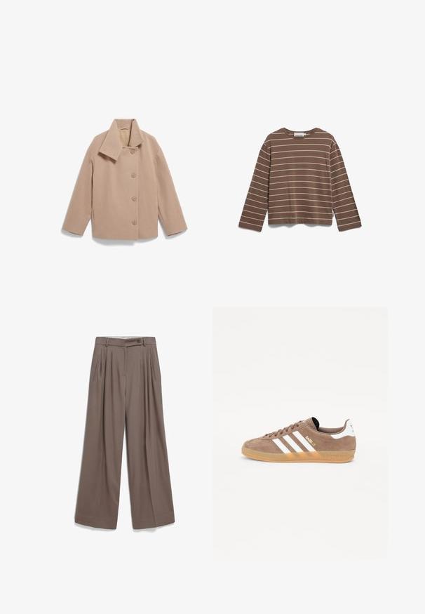 Beige wool-blend jacket with a wide collar, front button closure, and long sleeves. Features a boxy silhouette and soft texture.; Brown long-sleeve T-shirt with white horizontal stripes, round neckline, and a relaxed fit. Made from soft fabric, features minimal branding.; Wide-leg trousers in a soft brown hue, featuring front pleats, a button closure, and side pockets with a smooth fabric texture.; Brown suede sneaker with three white stripes, golden "Gazelle" logo, and gum rubber sole. Features padded tongue and heel for comfort.