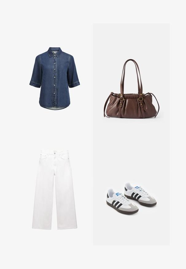 Gul cropped jakke med krave, frontlynlås, elastisk kant og logo detalje på venstre bryst. Glat, letvægtsstof.; Denim kortærmet skjorte med knapper og krave, perleknapper og let buet kant.; Hvide bredde bukser lavet af bomuld, med høj talje, fem-lomme design og messingdetaljer. Glat, ikke-slidt tekstur.; Sportsko med en overdel i hvid læder, grå ruskind på tåen og tre sorte striber. Har et blåt logo på tungen og en struktureret gummisål.; Brun læderhåndtaske med to lange håndtag, samlet design, aksenter i guldtonet metal og en tekstureret overflade.