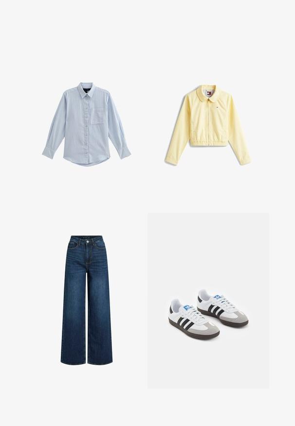 Yellow cropped jacket with a collared neckline, front zipper, elastic hem, and logo detail on the left chest. Smooth, lightweight fabric.; Light blue long-sleeve shirt made of soft fabric with a button front, pointed collar, a single chest pocket, and slightly curved hem.; Two white camisole tops with thin straps, made of smooth fabric, featuring a fitted, sleeveless design and a simple, solid color.; Wide-leg jeans made of dark blue denim with a high waist, featuring a zipper fly, front pockets, and visible stitching details.; Sport shoes with a white leather upper, gray suede toe, and three black stripes. Features a blue logo on the tongue and a textured rubber sole.