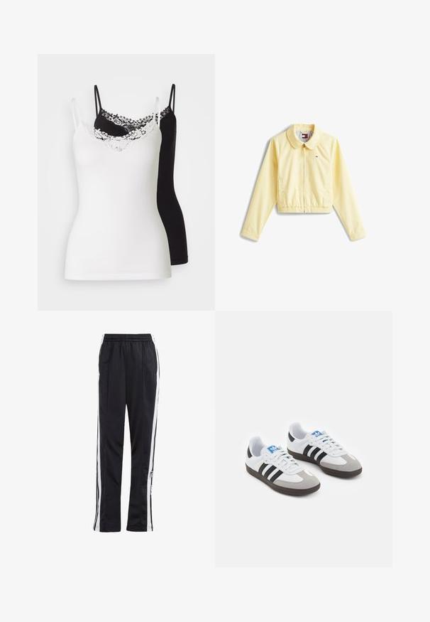 Geel cropped jack met een kraag, voorrits, elastische zoom en logo-detail op de linkerkant van de borst. Gladde, lichtgewicht stof.; Twee camisole tops, één wit en één zwart, met verstelbare banden. De witte top heeft een kanten rand langs de halslijn. Gladde textuur.; Zwarte trainingsbroek met witte zijstrepen, elastische tailleband en een logo-patch. Gemaakt van gladde, lichte stof. Ontwerp met rechte broekspijpen.; Sportschoenen met een witte leren bovenkant, grijze suède neus en drie zwarte strepen. Bevat een blauw logo op de tong en een gestructureerde rubberen zool.