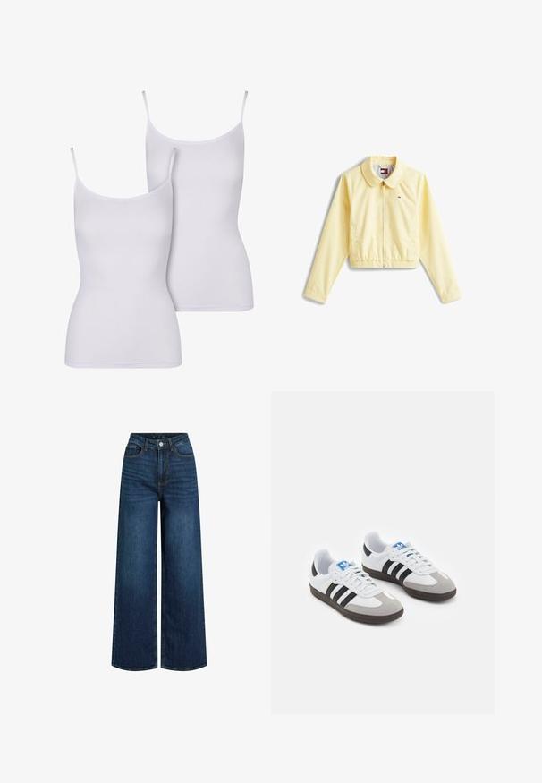 Yellow cropped jacket with a collared neckline, front zipper, elastic hem, and logo detail on the left chest. Smooth, lightweight fabric.; Two white camisole tops with thin straps, made of smooth fabric, featuring a fitted, sleeveless design and a simple, solid color.; Wide-leg jeans made of dark blue denim with a high waist, featuring a zipper fly, front pockets, and visible stitching details.; Sport shoes with a white leather upper, gray suede toe, and three black stripes. Features a blue logo on the tongue and a textured rubber sole.