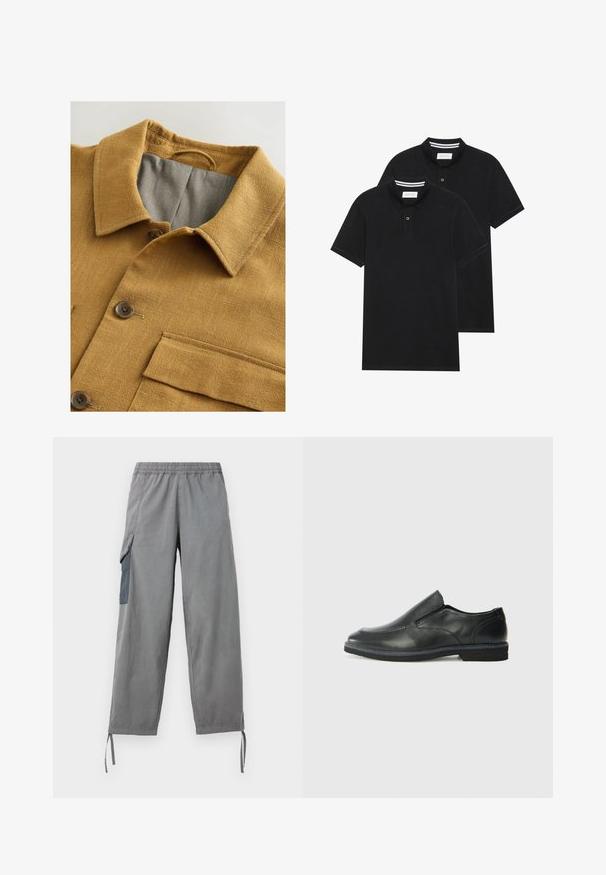 Nappapaita kullankeltaisessa, teksturoidussa kankaassa, jossa on klassinen kaulus, harmaa vuori, kaksi nappia ja rintatasku.; Kaksi mustaa lyhythihaista poolopaitaa, puuvillamateriaalia, joissa on klassinen kaulus, kahden napin napitus ja valkoiset raidat kauluksen sisällä.; Harmaat kevyet cargo-housut, joissa on joustava vyötärö, sivutasku, säädettävät hihnat ja sileä pinta.; Musta nahkainen liukujalkine, jossa on sileä pinta, ommeltuja yksityiskohtia, pyöristetty kärki ja matala kumipohja. Pohjassa on minimaalinen pito.