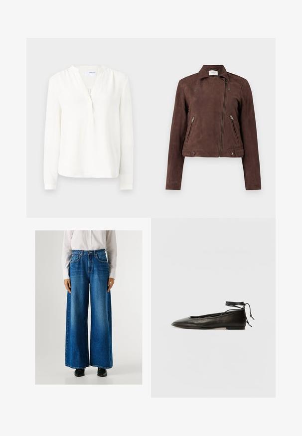 Barna velúr motoros dzseki, cipzáras elülső résszel, patent gallérral, két oldalsó cipzáras zsebbel és gombdíszítéssel az alján. Simaság jellemzi.; Fehér, hosszúujjú blúz gombos záródással, puha textúrával, enyhén laza szabással és kerek nyakkivágással. Vékony mandzsetták az ujjaknál.; Kék, magas derekú, bő szárú farmernadrág, elől zsebekkel és gombos záródással. Simogató textúra, klasszikus mosással.; Fekete bőr balettcipők hegyes orral, bokakötővel és lapos talppal, sima textúrával és minimalista dizájnnal.