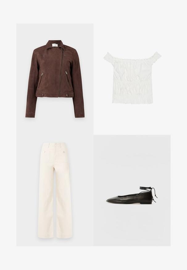 Braune Wildleder-Motorradjacke mit durchgehendem Reißverschluss, Druckknopfkragen, zwei seitlichen Reißverschlusstaschen und Knopf-Akzenten am Saum. Glatte Textur.; Weißes Off-Shoulder-Top mit Rüschendetails, gepufftem Textil und einem elastischen Bund. Hergestellt aus weichem Baumwollstoff.; Helle Stoffhose aus Baumwolle mit weitem Bein. Sie verfügt über eine hohe Taille, zwei Gesäßtaschen mit Metallknöpfen und eine saubere, glatte Textur.; Schwarze Leder-Ballerinas mit spitzem Zehenbereich, Knöchelband und flacher Sohle, die eine glatte Textur und ein minimalistisches Design aufweisen.