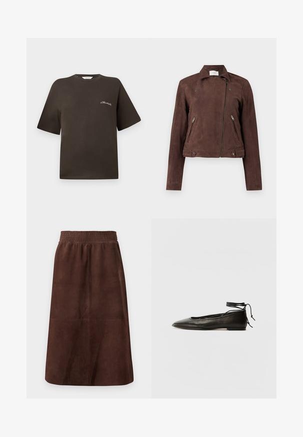 Rudas zomšinės motociklininko striukė su užtrauktuku priekyje, spaustuku ant apykaklės, dviem šoninėm užtrauktukų kišenėm ir sagų akcentais ant apačios. Lygi tekstūra.; Ruda medvilnės marškinėliai su trumpomis rankovėmis, laisva silueto forma, apvaliu iškirpimu, su nedideliu baltu siuvinėtumu kairiajame krūtinės kampe.; Ruda zomšinė sijonas su elastine juostele, A formos, glotni tekstūra, be matomų raštų ar detalių.; Juodi odiniai balerinų bateliai su smailiu pirštu, kulkšnies raiščiu ir plokščiu padu, pasižymintys lygiu paviršiumi ir minimalizmo dizainu.