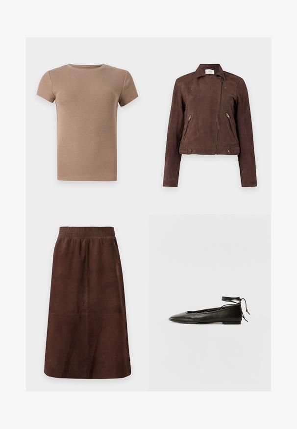 Jachetă de motocicletă din suede maro, cu fermoar în față, guler cu capse, două buzunare laterale cu fermoar și accente cu butoane la margine. Textură netedă.; Tricou bej cu mânecă scurtă, cu guler rotund și un design ajustat. Textură netedă, fără ornamente sau modele.; Fustă din suede maro, cu talie elastică, formă în A, textură netedă și fără modele sau accesorii vizibile.; Balerini din piele neagră, cu vârf ascuțit, șnur pentru glezna și talpă plată, având o textură netedă și un design minimalist.