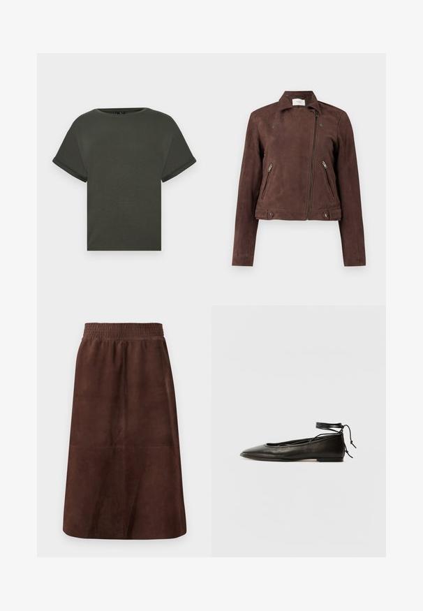 Rudas zomšinės motociklininko striukė su užtrauktuku priekyje, spaustuku ant apykaklės, dviem šoninėm užtrauktukų kišenėm ir sagų akcentais ant apačios. Lygi tekstūra.; Alyvos žalios spalvos trumpomis rankovėmis marškiniai, pagaminti iš minkštos medžiagos, su apvaliu iškirpimu ir sukrautomis rankovėmis. Tiesiai nupjautas, su paprastu dizainu.; Ruda zomšinė sijonas su elastine juostele, A formos, glotni tekstūra, be matomų raštų ar detalių.; Juodi odiniai balerinų bateliai su smailiu pirštu, kulkšnies raiščiu ir plokščiu padu, pasižymintys lygiu paviršiumi ir minimalizmo dizainu.
