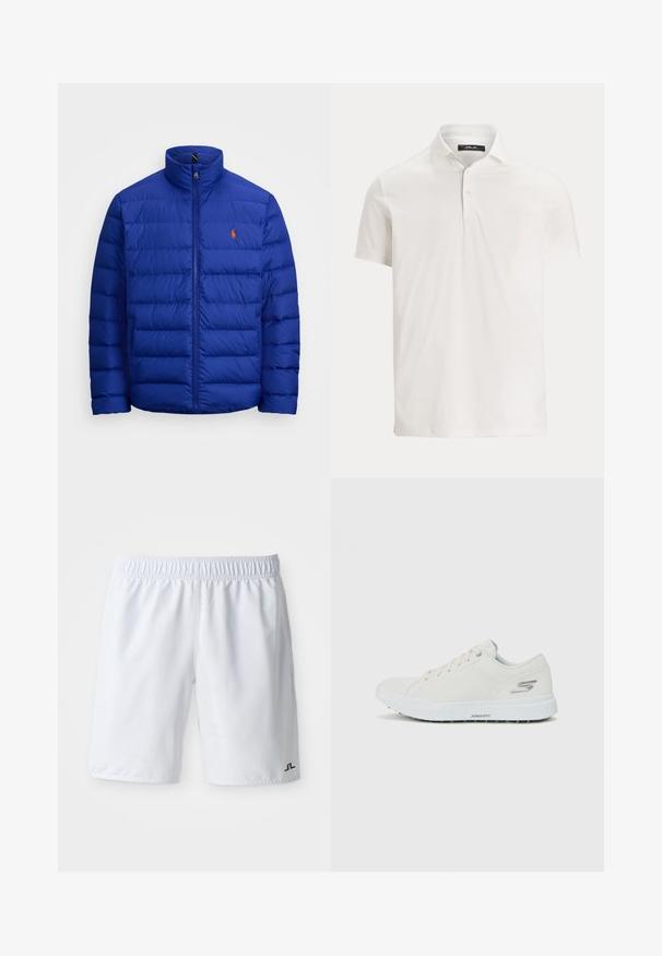 Μπλε φουσκωτό μπουφάν με ψηλό γιακά, μπροστινό φερμουάρ και οριζόντιο κουμπωτό σχέδιο. Διαθέτει ένα μικρό πορτοκαλί λογότυπο στο αριστερό στήθος.; Ανδρικό λευκό κοντομάνικο πόλο με γιακά, δύο κουμπιά και διακριτική ετικέτα με λογότυπο στην εσωτερική πλευρά του γιακά.; Λευκά αθλητικά σορτς με ελαστική μέση και μικρό μαύρο λογότυπο στο κάτω δεξί πόδι. Λείο, ελαφρύ ύφασμα.; Λευκά αθλητικά παπούτσια με λείο συνθετικό επάνω μέρος, στρογγυλή μύτη, επίπεδα κορδόνια και μαξιλαρωμένη σόλα με την επωνυμία "ARCHFIT".