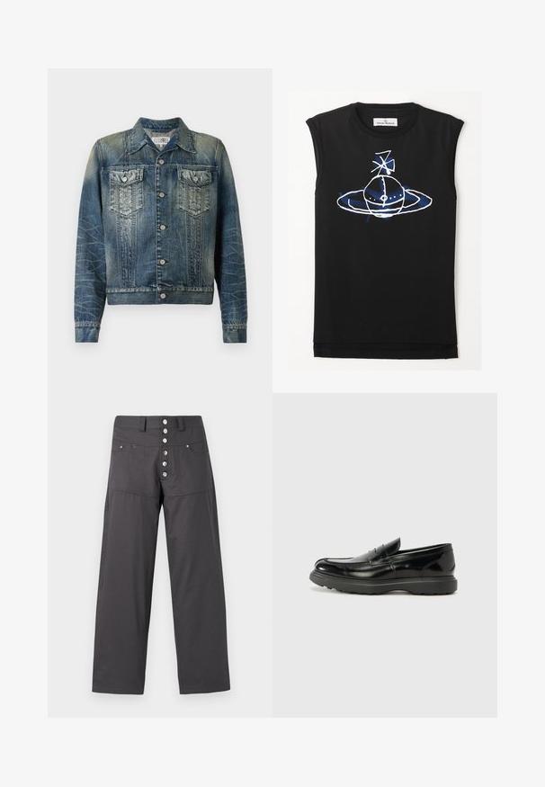 Džínová bunda ve vybledlé modré barvě se dvěma náprsními kapsami, stříbrnými knoflíky a klasickým límcem. Disponuje výraznou texturou a vzory šití.; Černý tílko bez rukávů s modro-bílou grafickou kombinací znázorňující planetu s prsteny a satelitními prvky. Měkký bavlněný materiál.; Šedé široké kalhoty vyrobené z lehkého materiálu, s uzavíráním na knoflíky s pěti kovovými knoflíky a dvěma předními kapsami.; Černé kožené mokasíny s lesklým povrchem, kulatou špičkou, nenápadnými švy a silnou gumovou podrážkou pro odolnost.