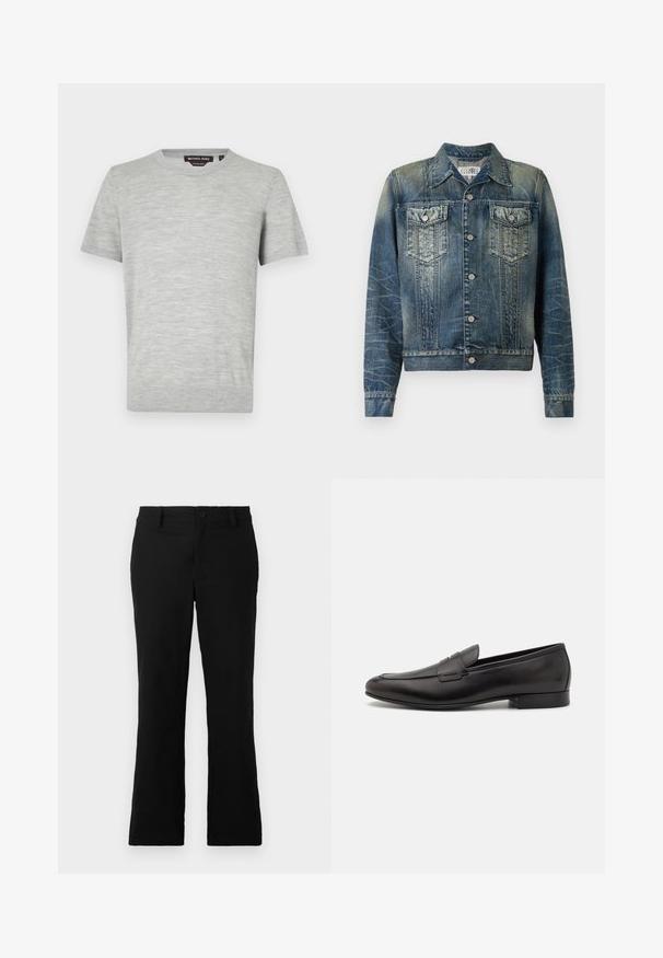 Džínová bunda vo vyblednutej modrej farbe s dvoma prsními vreckami, striebornými gombíkmi a klasickým golierom. Vyznačuje sa výraznou textúrou a švami.; Svetlo šedé tričko s krátkym rukávom vyrobené z jemnej textúrovanej látky, s okrúhlym výstrihom a minimálnym švom. Viditeľná značka výrobcov vo vnútri výstrihu.; Čierne rozšírené nohavice z bavlnenej zmesi, s gombíkovým zapínaním, pútkami na opasok a hladkým povrchom bez viditeľných vzorov.; Čierne kožené mokasíny s elegantným dizajnom, zaoblenou špičkou a nízkym stohovaným opätkom. Obsahujú dekoratívne prešívanie na vrchnej časti.
