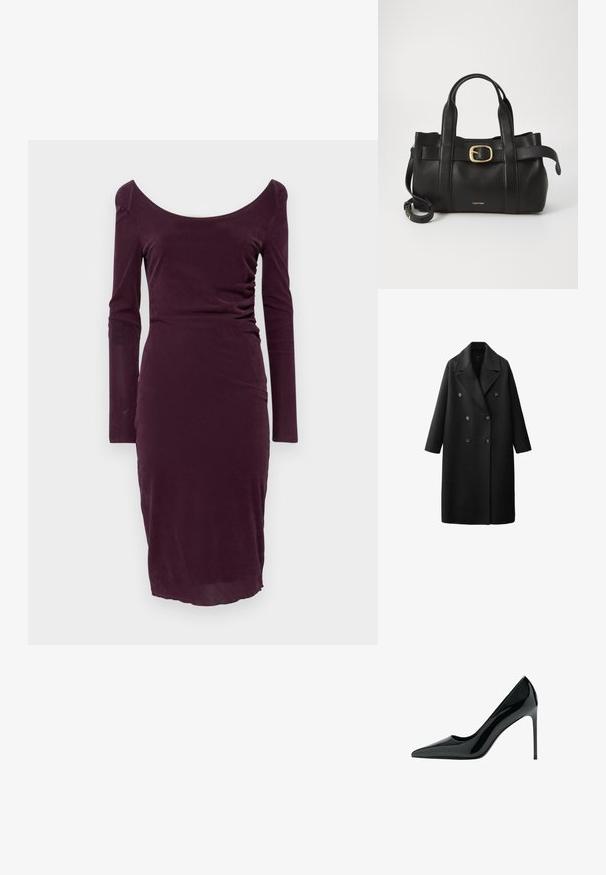 Černý vlněný trenčkot s dvouřadým zapínáním, širokými klopami a třemi velkými knoflíky. Má dlouhé rukávy a rovný střih.; Dlouhé rukávy, tmavě burgundská šaty s lodním výstřihem, přiléhavý střih a jemné nařasení na jedné straně. Hladká textura látky.; Černé lakované střevíce na vysokém jehlovém podpatku s špičatou špičkou a hladkým, lesklým povrchem; vysoký, štíhlý podpatek; minimalistický design.; Černá kožená kabelka s upraveným designem, dvojitými vrchními madly, pozlaceným přezkovým akcentem a vyraženým logem značky na přední straně.