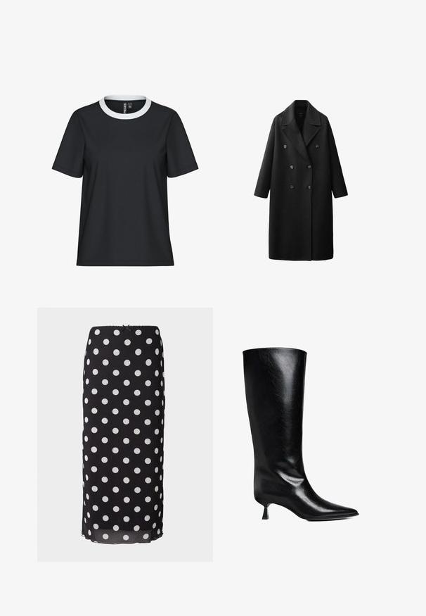 Čierny vlnený trenčkot s dvojitým zapínaním, širokými chlopňami a troma veľkými gombíkmi. Má dlhé rukávy a rovný strih.; Čierne tričko s bielym hrdlom z rebrovanej textílie, krátkymi rukávmi a uvoľneným strihom; vyrobené z hladkej tkaniny bez viditeľných vzorov či detailov.; Čierna midi sukňa s bodkami vyrobená z ľahkej látky s bielymi kruhovými vzormi, so priliehavým pásom a jemným zúženým okrajom.; Čierne kožené vysoké čižmy po kolená s špicatou špičkou, štíhlym siluetou a nízkym blokovým podpätkom s lesklým povrchom.