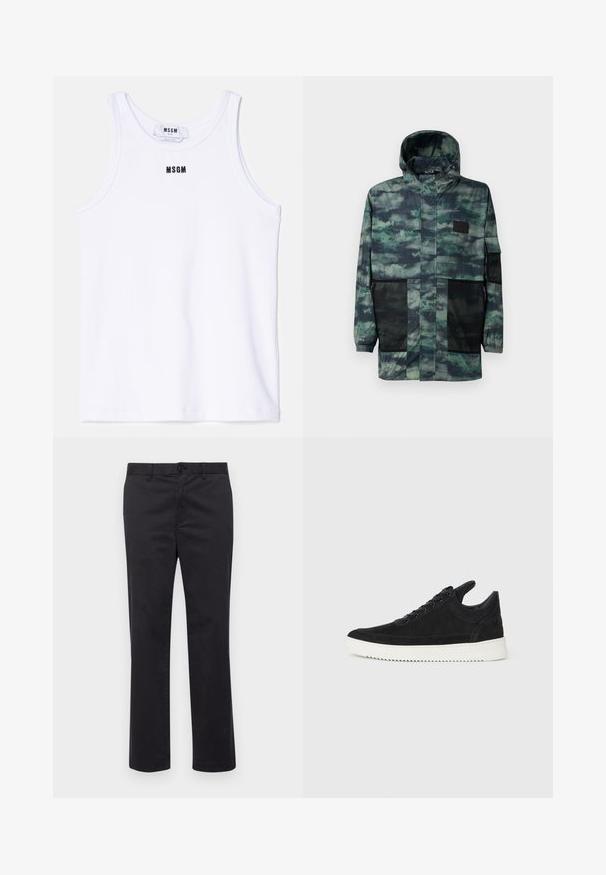 Water-resistant jacket in green camo print, featuring mesh side pockets, a drawstring hood, and a front zipper with a flap closure.; White cotton tank top with a ribbed texture, featuring a black embroidered logo "MSGM" centered on the chest. Simple, clean design.; Black cotton trousers with a straight leg design, featuring a button closure and belt loops. Smooth texture, no visible patterns or accents.; Black suede sneaker with a white rubber sole, featuring tonal stitching and lace-up design. Smooth texture with a modern, streamlined shape.