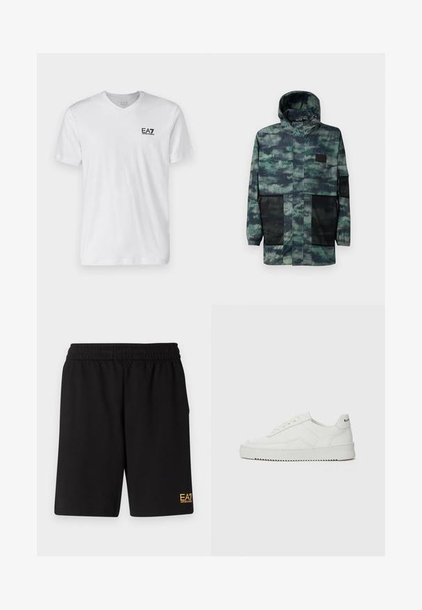 Nepremokavá bunda v zelenej maskáčovej vzore, s bočnými sieťovanými vreckami, kapucňou na stiahnutie a predným zipsom so záklopkou.; Biely bavlnený tričko s výstrihom do V, krátkymi rukávmi, s čiernym logom EA7 na ľavej hrudi. Hladká textúra, jednoduchý dizajn.; Čierne športové šortky vyrobené z jemného materiálu, s elastickým pásom a malým žltým logom EA7 na dolnej ľavej nohe.; Biele kožené tenisky s hladkým povrchom, okrúly špičkový dizajn, ploché šnúrky a textúrovaná podrážka. Obsahujú jemné logo na päte.
