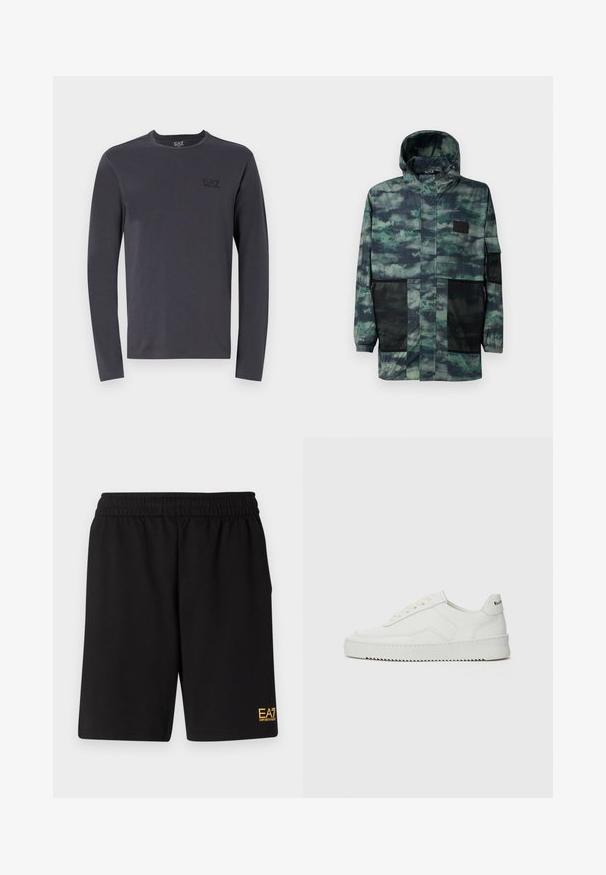 Vízálló zöld terepmintás dzseki, hálós oldalzsebekkel, húzózsinórral ellátott kapucnival és elöl cipzárral, amelyet fedél zár.; Hosszúujjú póló sötétszürke színben, kerek nyakkivágással, puha anyagból készült, mellkason egy kis fekete logóval. Egyszerű dizájn, minta nélkül.; Fekete sportnadrág puha anyagból, rugalmas derékkal és egy kis sárga EA7 logóval a bal alsó lábszáron.; Fehér bőr sportcipő sima felülettel, kerek orral, lapos fűzőkkel és texturált talppal. Finom logó található a sarokon.