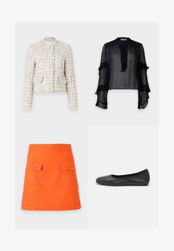 Giacca in tweed bianco con fibre nere, caratterizzata da un collo rotondo, bordi sfrangiati, due tasche anteriori e chiusure a bottoni argentati.; Blusa nera trasparente con maniche lunghe a ruches e colletto da annodare. Realizzata in tessuto leggero e con una vestibilità ampia, adatta per essere indossata a strati.; Gonna di cotone arancione con due tasche frontali, chiusure a bottone e cuciture bianche a contrasto. Forma a A con vita definita.; Pantofole da balletto nere in pelle con punta arrotondata, texture liscia, dettagli di cucitura minimi e design con suola flessibile.