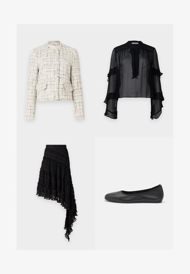Bílá tweedová bunda s černými fleky, s kulatým výstřihem, třepícími okraji, dvěma předními kapsami a stříbrnými knoflíky.; Černá průsvitná blůza s dlouhými volánkovými rukávy a zavazováním u krku. Vyznačuje se lehkým materiálem a volným střihem, ideální pro vrstvení.; Černá asymetrická sukně s texturovanými sklady, vrstvenými volány a nařaseným pasem. Lehká tkanina s průsvitným povrchem.; Černé kožené baletní byty s kulatou špičkou, hladkou texturou, minimálními švy a flexibilním designem podrážky.