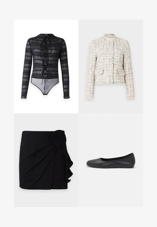 Fehér tweed dzseki fekete foltokkal, kerek nyakkal, foszlott élekkel, két elülső zsebbel és ezüst gombos záródással.; Hofmann Copenhagen EXCLUSIVE MIRELLA - Blúz - black; Fekete mini szoknya puha anyagból, pliszírozott dizájnnal. Oldalán szövet rózsa díszítéssel és fodros szélekkel rendelkezik.; Fekete bőr balettcipő lekerekített orral, sima tekstúrával, minimális varrással és rugalmas talp kialakítással.