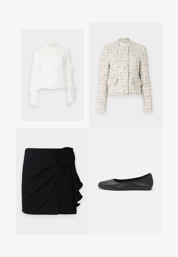 Valge tweed jakker, millel on mustad täpid, ümar kaelus, fraktsioonilised ääred, kaks esistoodet ja hõbedased nööbid.; Valge pluus pikkade laiendatud varrukatega, millel on volangidega äärised. Kõrge kaelus koos sidumisdetailiga ja kerge, tekstuuriga kangas.; Must.arm must kindel, pehmest kangast, pleeditud disainiga. Küljel on kangast roosi aksessuaar ja volangäär.; Musthave mustika tantsutossud mustast nahast, ümmarguse varbaga, siledast tekstuurist, minimaalse õmblusdetailiga ja paindliku tallakujundusega.