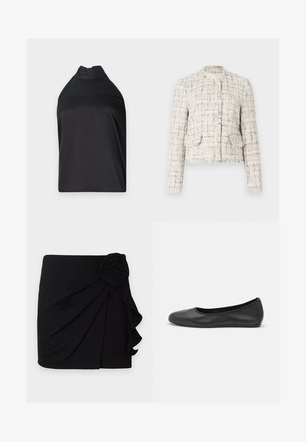 Jachetă albă din tweed cu stropi negri, cu guler rotund, margini tocite, două buzunare frontale și închideri cu butoane argintii.; Top negru cu guler halter, realizat dintr-un material neted, având un guler înalt și o croială lejeră, fără închideri sau detalii decorative vizibile.; Fustă mini neagră dintr-un material moale, cu un design plisat. Are un accent din material în formă de trandafir pe lateral și un tiv volanat.; Balerini din piele neagră, cu vârf rotund, textură netedă, detalii de cusătură minimale și un design al tălpii flexibil.