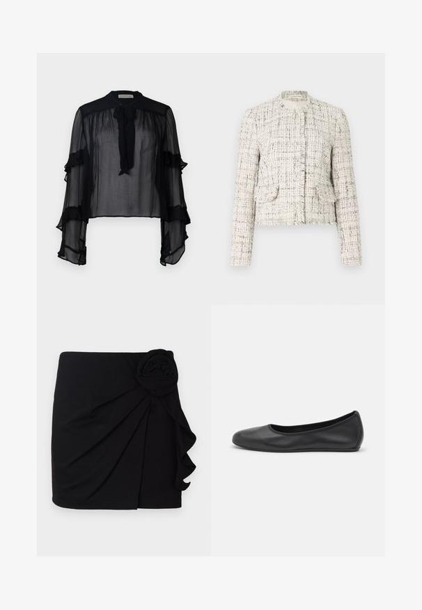 Giacca in tweed bianco con fibre nere, caratterizzata da un collo rotondo, bordi sfrangiati, due tasche anteriori e chiusure a bottoni argentati.; Blusa nera trasparente con maniche lunghe a ruches e colletto da annodare. Realizzata in tessuto leggero e con una vestibilità ampia, adatta per essere indossata a strati.; Gonna mini nera realizzata in tessuto morbido con un design plissettato. Presenta un accento in tessuto a forma di rosa sul lato e un orlo arriccicato.; Pantofole da balletto nere in pelle con punta arrotondata, texture liscia, dettagli di cucitura minimi e design con suola flessibile.