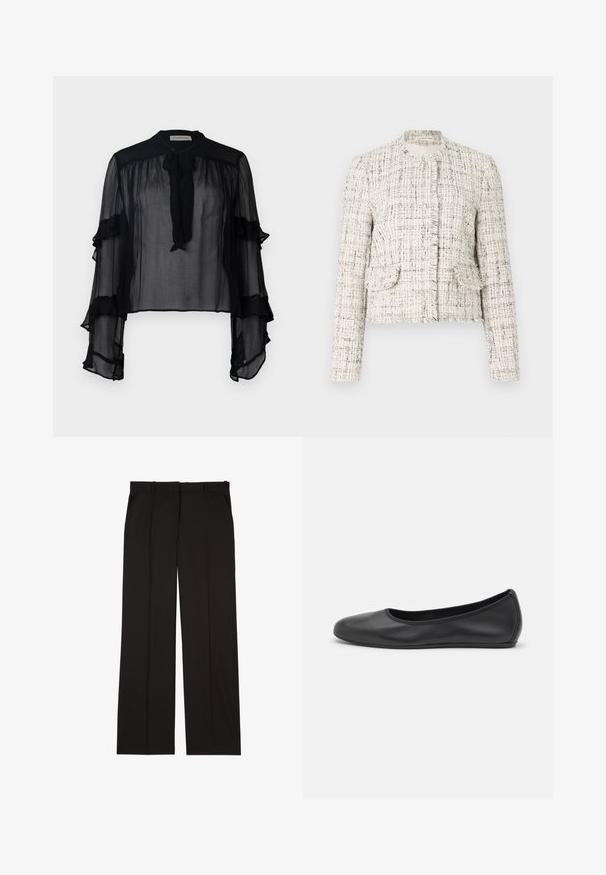 Fehér tweed dzseki fekete foltokkal, kerek nyakkal, foszlott élekkel, két elülső zsebbel és ezüst gombos záródással.; Fekete áttetsző blúz hosszú, fodros ujjal és nyakmegkötővel. Könnyű anyagból készült, laza szabással, rétegezéshez megfelelő.; Fekete, sima anyagból készült, szabott nadrág, egyenes vonalú szabással és két oldalsó zsebbel. Elegáns és minimalista kialakítás.; Fekete bőr balettcipő lekerekített orral, sima tekstúrával, minimális varrással és rugalmas talp kialakítással.