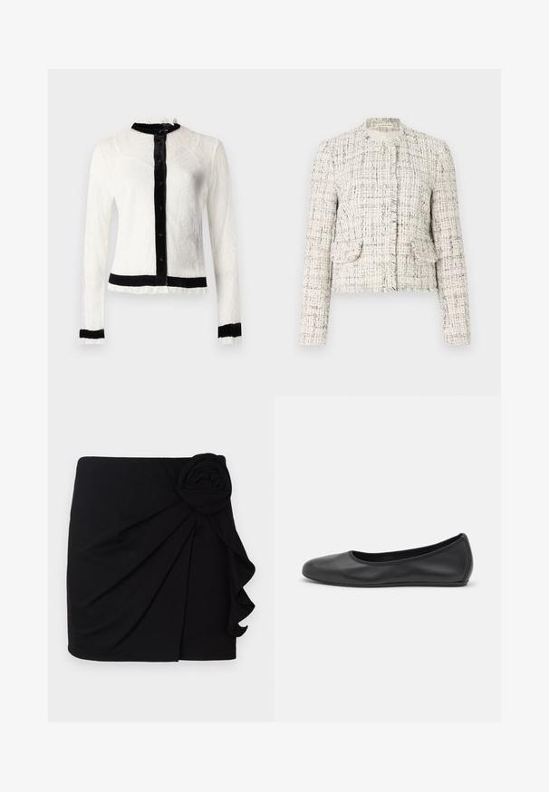 Fehér tweed dzseki fekete foltokkal, kerek nyakkal, foszlott élekkel, két elülső zsebbel és ezüst gombos záródással.; Fehér csipke, hosszú ujjú blúz fekete bársony gallérral és gombos pánttal; fodros szélekkel és egyetlen fekete derékkal rendelkezik.; Fekete mini szoknya puha anyagból, pliszírozott dizájnnal. Oldalán szövet rózsa díszítéssel és fodros szélekkel rendelkezik.; Fekete bőr balettcipő lekerekített orral, sima tekstúrával, minimális varrással és rugalmas talp kialakítással.