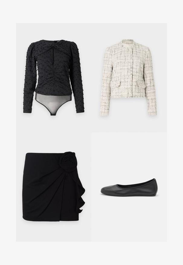 Bela tweed jakna s črnimi pikami, z okroglim izrezom, rabljenimi robovi, dvema sprednjima žepoma in srebrnimi gumbi.; Hofmann Copenhagen EXCLUSIVE ALEXANDRA - Bluza - black; Črna mini krilo iz mehkega blaga s nabranim dizajnom. Ima akcent iz blaga v obliki vrtnice na strani in nabran rob.; Črne usnjene balerinke z zaobljenim nosom, gladko teksturo, minimalnimi šivi in fleksibilno zasnovo podplata.