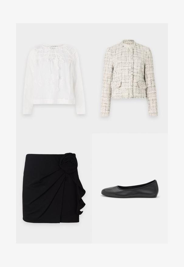 White tweed jacket with black flecks, featuring a round neck, frayed edges, two front pockets, and silver button closures.; White long-sleeve blouse featuring floral embroidery, a round neckline with ties, and a relaxed fit. Lightweight fabric with a subtle texture.; Black mini skirt made of soft fabric with a pleated design. Features a fabric rose accent on the side and a ruffled hem.; Black leather ballet flat with a rounded toe, smooth texture, minimal stitching detail, and a flexible sole design.