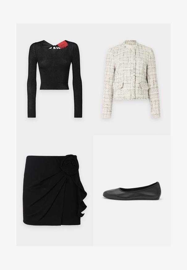 White tweed jacket with black flecks, featuring a round neck, frayed edges, two front pockets, and silver button closures.; Black, long-sleeved cropped top with ribbed texture. Features a rounded neckline and a tie detail at the back, with a red tag visible.; Black mini skirt made of soft fabric with a pleated design. Features a fabric rose accent on the side and a ruffled hem.; Black leather ballet flat with a rounded toe, smooth texture, minimal stitching detail, and a flexible sole design.
