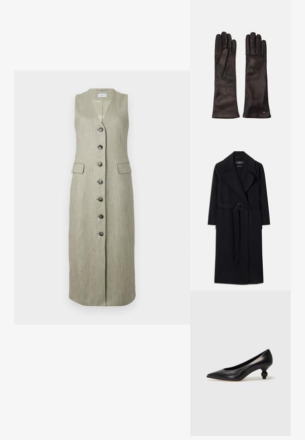 Must värviga pikk villane mantel laia kraega, kahe küljetaskuga ja sobiva vööriga, millel on ristkülikukujuline pandla taljel.; Õlakuvarvuteta, pikk roheline kleit peene tekstuuriga, V-kaelus, ees nööbisaak ja kaks eestaskut. Mustad nööbid kontrastivad kangaga.; Must musta kõrge kontsaga king, millel on terav nina ja ümar, pallikujuline konts. Sile pind ja elegantne, minimalistlik disain.; Weekend Max Mara SENAPE - Sõrmkindad - nero