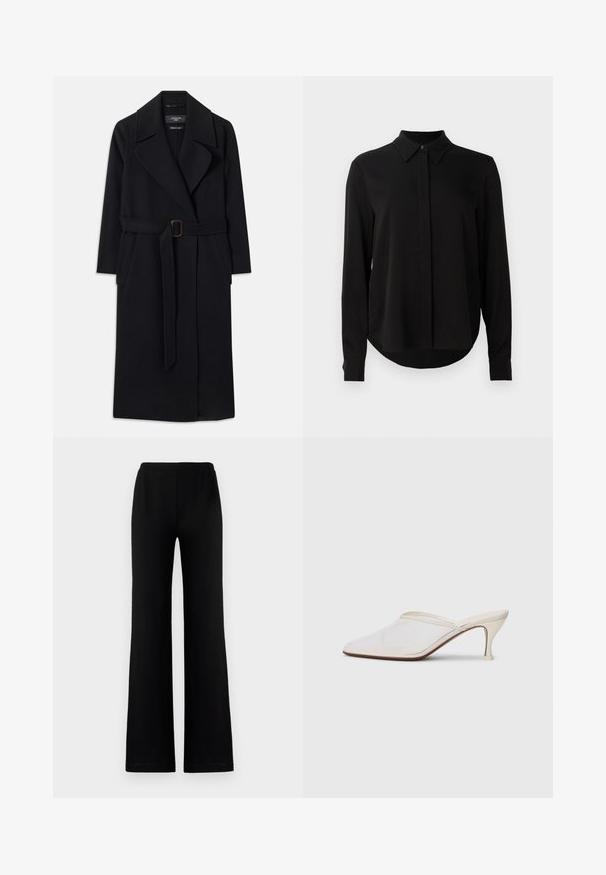 Czarny długi wełniany płaszcz z szerokimi klapami, dwoma bocznymi kieszeniami i pasującym paskiem z prostokątną klamrą w talii.; Czarna bluzka z długim rękawem i spiczastym kołnierzykiem, z ukrytą plaketą guzikową oraz zaokrąglonym dołem na jednolitym białym tle.; Czarne, szerokie spodnie wykonane z miękkiego materiału z elastycznym paskiem w talii, charakteryzujące się gładką fakturą i brakiem widocznych kieszeni czy ozdób.; Białe melanżowe mule z ostro zakończonym noskiem, o smukłym średnim obcasie i wsuwanej konstrukcji na jednolitym tle.