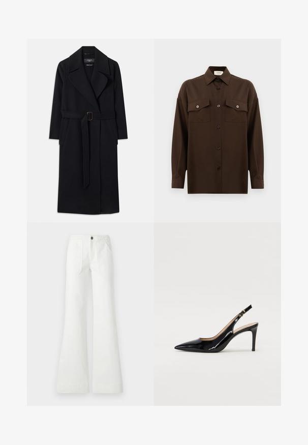Čierny dlhý vlnený kabát so širokými klopami, dvoma bočnými vreckami a zodpovedajúcim opaskom s obdĺžnikovou prackou v oblasti pása.; Tmavohnedá košeľa s dlhým rukávom, na gombíky, s dvoma vreckami na hrudi a klasickým golierom, umiestnená na jednoduchom bielom pozadí.; Biele rozšírené nohavice vyrobené z tkaniny, s pleteným pásom, dvoma prednými vreckami a hladkou textúrou. Zapínanie na čierny gombík.; Čierne lakované kožené slingback lodičky s špicatou špičkou, štíhlým podpätkom a jemným výrezom. Obsahuje zlatú pracku na remienku.