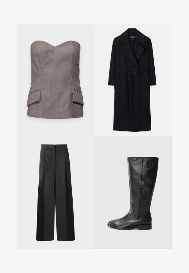 Palton lung, negru, din lână, cu rever lat, două buzunare laterale și o curea asortată cu o cataramă rectangulară la talie.; Top gri fără bretele, cu un design structurat, având dungi verticale subtile și două buzunare frontale cu accente cusute.; Pantaloni negri cu talie înaltă, cu picioare largi, având pliseuri frontale, o textură netedă și un finisaj croit. Concepuți pentru o croială relaxată.; Botină neagră din piele, până la genunchi, cu un toc mic și bot rotund, care prezintă detalii de coasere pe tijă și pe partea din față.