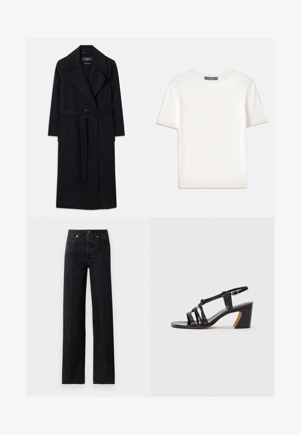Sort lang uldfrakke med brede revers, to sidelommer og et matchende bælte med en rektangulær spænde i taljen.; Hvid kortærmet strikbluse med rund halsudskæring, der har en glat tekstur og subtile ribbede detaljer ved ærmerne og kanten.; Sorte denim jeans med lige pasform. Har fem lommer, en knaplukning og minimale syninger. Klassisk design.; Paul Smith AMIRA - Pumps - black