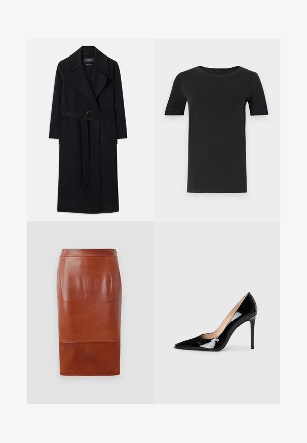 Melns garš vilnas mētelis ar platām atlokām, divām sānu kabatām un atbilstošu jostu ar taisnstūrveida sprādzi jostasvietā.; Melnas īsām piedurknēm T-krekls, kas izgatavots no mīkstas kokvilnas, ar apaļu kakla izgriezumu un klasisku piegriezumu. Gluda tekstūra, bez rakstiem vai rotājumiem.; Brūna ādas zīmulis svārki ar gludu tekstūru, ceļa garuma dizains un maiga spīdēšana. Iespējojusi pieguļoša josta un sānu kabatas.; Melnā lakota ādas augstpapēžu kurpe ar norādītas formas purngalu un elegantu siluetu. Iespēj gludu, spīguļojošu apdari un šauru stiletto papēdi.