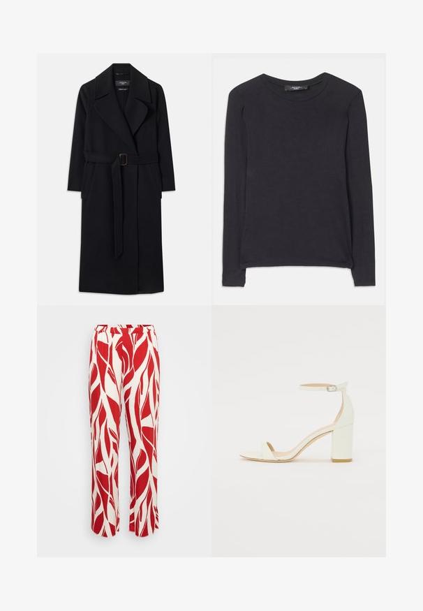 Črn dolg volnen plašč z širokimi reverji, dvema stranskima žepoma in ujemajočim se pasom z pravokotno sponko v pasu.; Črna majica z dolgimi rokavi in okroglim izrezom, izdelana iz mehkega blaga. Ima preprost dizajn in subtilne šive ob robu.; Rdeče in bele hlače s prefinjenim potiskom listja, širok kroj, elastičen pas in lahka tkanina.; Bela usnjena sandala z blok peto, ki ima zanko okoli gležnja s sponko in minimalističen dizajn. Odkrit prst in gladke teksture po vsej površini.