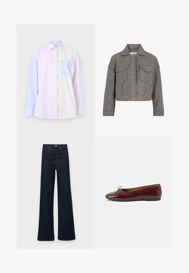 Pilkas trumpas švarkas, pagamintas iš tekstūruotos vilnos, su smailiu apykakle, dviem priekiniais kišenėmis ir tiesiu siluetu.; Juostuota marškiniai, kuriuose yra šviesiai violetinių, mėlynų ir baltų spalvų blokai. Marškiniai turi mygtukų užsegimą priekyje, apykaklę ir krūtinės kišenę su mėlyna juostele.; Baltas visiškai susipynęs polos marškinėliai su juodu siuvinėtu logotipu, uždedamu centre ant krūtinės. Kaklo iškirptė ir rankovių angos baigtos subtiliu apvadu.; Tamsiai mėlyni plačios kojų džinsai su priekinėmis kišenėmis, diržo kilputėmis ir mygtuko uždarymu.; Bordo lakiotos odos baleto bateliai su apvalia nosimi, maža kaspinėlio akcentu priekyje ir žema juoda guma padanga. Lygi tekstūra.