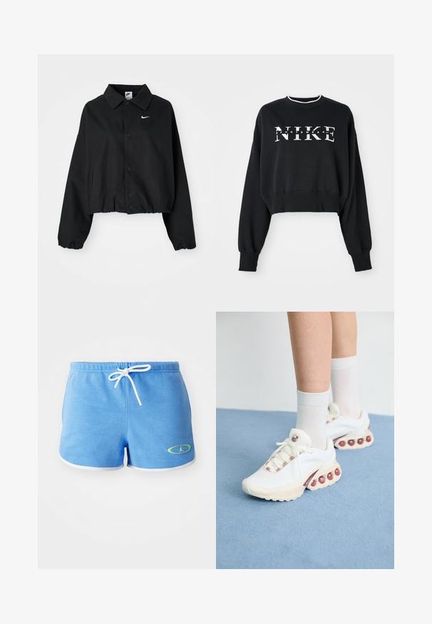 Jachetă scurtă neagră cu un închidere cu nasturi, mâneci lungi și tiv elastic. Prezintă un mic logo alb Nike pe piept.; Hanorac negru scurt din bumbac, decorat cu imprimeu alb "NIKE" și "SPORTSWEAR", având manșete și guler cu nervuri.; Șorturi din bumbac de culoare albastru deschis, cu șnur alb, având dungi albe și un logo cu accente verzi în partea stângă jos.; Adidași albi sport cu un superior texturat, având un accent roz pe șireturi și bule de aer mari în talpă.