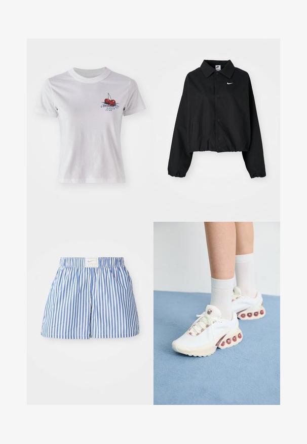 Čierna skrátená bunda s gombíkovým zapínaním vpredu, dlhými rukávmi a elastickým lemom. Na hrudi sa nachádza malé biele logo Nike.; Biely bavlnený tričko s grafikou čerešne a nápisom "Conchita WIP" v modrej farbe. Krátke rukávy a dizajn s okrúhlym výstrihom.; Modré a biele pruhované šortky s elastickým pásom a štítkom s logom Nike. Vyrobené z ľahkej látky s hladkou textúrou.; Biele športové tenisky s štruktúrovaným zvrškom, ktoré majú ružový akcent na šnúrkach a veľké vzduchové bubliny v podrážke.