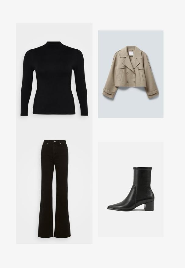 Beež lõikega villane kahekordse kinnisegaga jakk laia kraega, nuppudega lipukotid ning rihmad randmete ja õlgade detailidel.; Must musta pika varrukaga turtleneck, valmistatud pehmest ja siledast kangast. Kitsas lõige, kõrge kaelaosa ja sirge äär, minimaalsete õmblustega ning ilma mustriteta.; Kõrge talje ja mustad laiad teksad, mis on valmistatud denimist, neil on nupuga sulgur, küljetaskud ja sile tekstuur.; Mustad muste sandaalid, mis on valmistatud siledast nahast, terava ninaga, plokknööriga ja eristuva tõstetud õmblusega ülemisel serval.