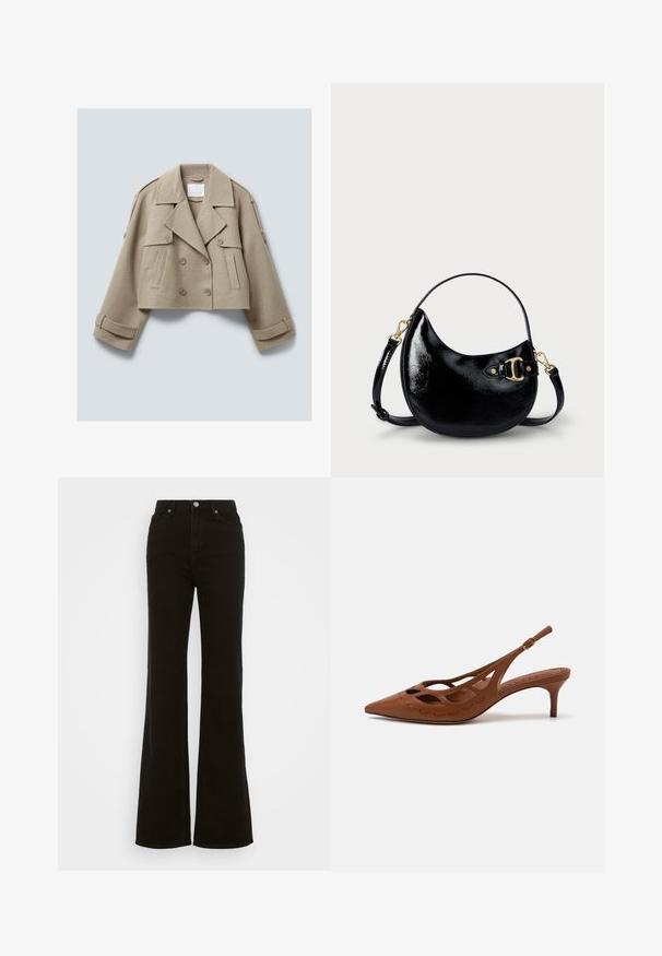 Giacca cropped in lana beige doppiopetto con ampi revers, tasche a bottone con pattina e dettagli con cinturini su polsini e spalle.; Maglione a collo alto beige con maniche lunghe, realizzato in un tessuto morbido e testurizzato; presenta una vestibilità aderente e un collo alto. Senza motivi visibili o elementi metallici.; Jeans neri a vita alta e svasati, realizzati in denim, con chiusura a bottone, tasche laterali e una texture liscia.; Sandalo con tacco in pelle marrone, punta affusolata, design con ritagli e dettagli cuciti. Presenta un tacco sottile e una cintura regolabile.; Borsa a mano in pelle verniciata nera con forma curvilinea, tracolla regolabile e dettagli in hardware color oro sul lato. Texture liscia e lucida.